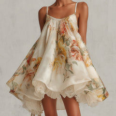 Beige floral organza A-line mini dress with lace trim