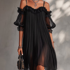 Black Off-Shoulder Mini Dress with Lace Trim