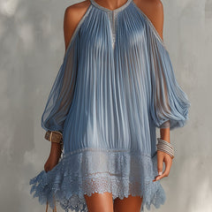 Blue Off-Shoulder Ruched Mini Dress with Lace Hem