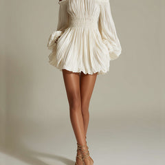 White off-shoulder ruched smocked-waist mini dress