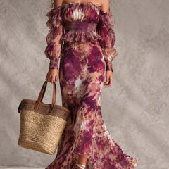 Rose Pink Floral Off-Shoulder Maxi Dress