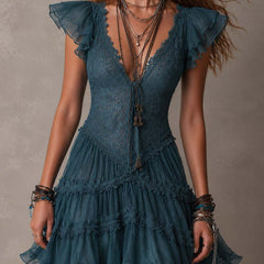 Retro Blue Lace & Chiffon Ruffled Mini Dress