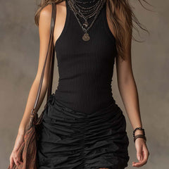 Bohemian Ribbed Halter Ruched Mini Dress