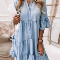 Solid-Color Washed Cotton A-Line Midi Denim Dress with Half Sleeves