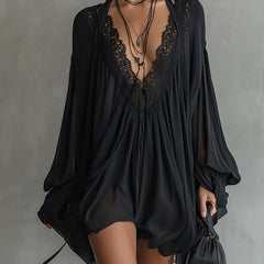 Black Chiffon Halter Mini Dress With Lace Neckline