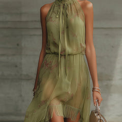 Green Floral Tie-Waist Chiffon Mini Dress