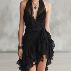 Black Halter Neck Lace Ruffled Mini Dress
