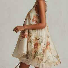 Beige floral organza A-line mini dress with lace trim