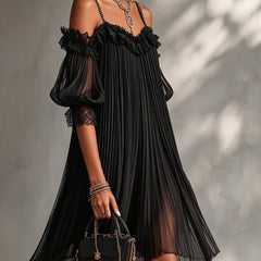 Black Off-Shoulder Mini Dress with Lace Trim
