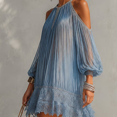 Blue Off-Shoulder Ruched Mini Dress with Lace Hem