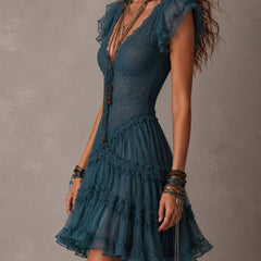 Retro Blue Lace & Chiffon Ruffled Mini Dress