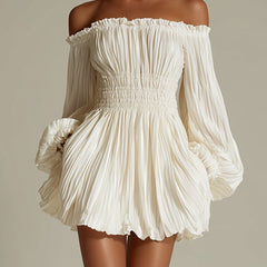 White off-shoulder ruched smocked-waist mini dress
