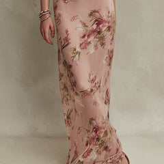 Lia - Elegant Floral Print Chiffon Maxi Dress with Keyhole Neckline