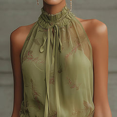 Green Floral Tie-Waist Chiffon Mini Dress