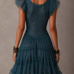 Retro Blue Lace & Chiffon Ruffled Mini Dress