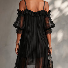 Black Off-Shoulder Mini Dress with Lace Trim