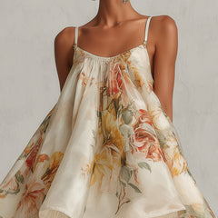 Beige floral organza A-line mini dress with lace trim