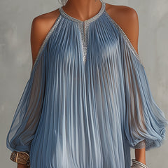 Blue Off-Shoulder Ruched Mini Dress with Lace Hem