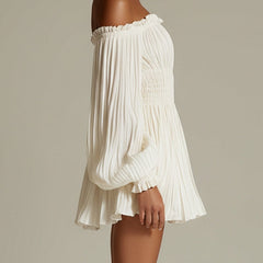 White off-shoulder ruched smocked-waist mini dress