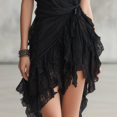 Black Halter Neck Lace Ruffled Mini Dress