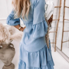 Solid-Color Washed Cotton A-Line Midi Denim Dress with Half Sleeves