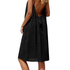 Solid-Color Ice Silk Crinkle Mini Slip Dress with Shirring and Open Back