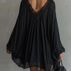 Black Chiffon Halter Mini Dress With Lace Neckline