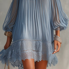 Blue Off-Shoulder Ruched Mini Dress with Lace Hem