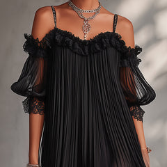 Black Off-Shoulder Mini Dress with Lace Trim