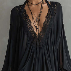 Black Chiffon Halter Mini Dress With Lace Neckline
