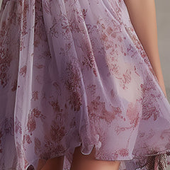 Retro Purple Floral Ruffled Chiffon Mini Dress
