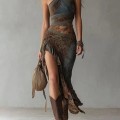 Elena | Bold One-Shoulder Printed Maxi Dress with Ruffled Slit