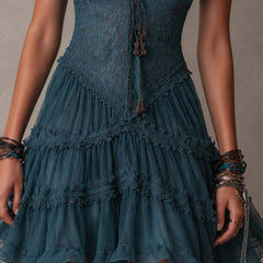 Retro Blue Lace & Chiffon Ruffled Mini Dress