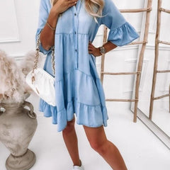 Solid-Color Washed Cotton A-Line Midi Denim Dress with Half Sleeves