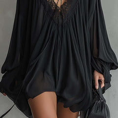 Black Chiffon Halter Mini Dress With Lace Neckline