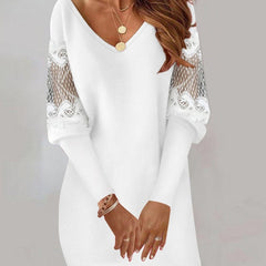 Women's V-neck long-sleeved printed lace patchwork dress