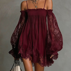 Noemi | Mini dress in navy blue chiffon with off-the-shoulder neckline, lace trim, and sheer sleeves