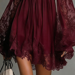 Noemi | Mini dress in navy blue chiffon with off-the-shoulder neckline, lace trim, and sheer sleeves
