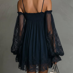 Noemi | Mini dress in navy blue chiffon with off-the-shoulder neckline, lace trim, and sheer sleeves