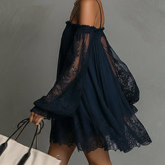 Noemi | Mini dress in navy blue chiffon with off-the-shoulder neckline, lace trim, and sheer sleeves