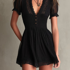 Classic Muse Smocked Lace-Trim Black  Mini Dress