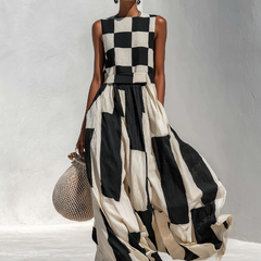 Ardenne™ | Plaid and Stripe Paneling Sleeveless Maxi Dress