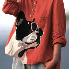Evie | Decorative Pattern of French Bulldog Wearing Sunglasses On Red Background Casual Shirt