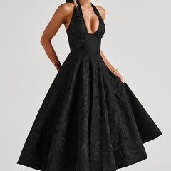 Genevieve™ | V-Neck Halterneck Sleeveless Jacquard Maxi Dress