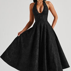 Genevieve™ | V-Neck Halterneck Sleeveless Jacquard Maxi Dress