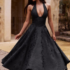 Genevieve™ | V-Neck Halterneck Sleeveless Jacquard Maxi Dress