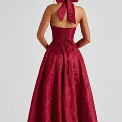 Genevieve™ | V-Neck Halterneck Sleeveless Jacquard Maxi Dress