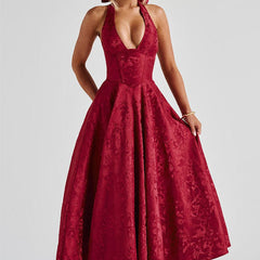Genevieve™ | V-Neck Halterneck Sleeveless Jacquard Maxi Dress