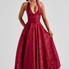Genevieve™ | V-Neck Halterneck Sleeveless Jacquard Maxi Dress