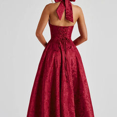 Genevieve™ | V-Neck Halterneck Sleeveless Jacquard Maxi Dress